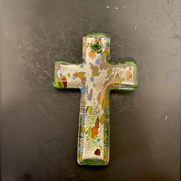 Glass Cross Fused Glass Design Has Colorful Accents Inside Hand Made